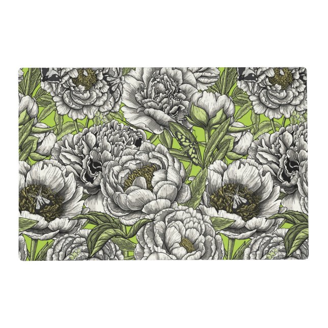 White peony flowers and moths placemat (Front)