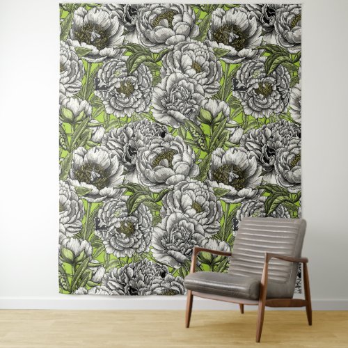 White peony flowers and moths tapestry