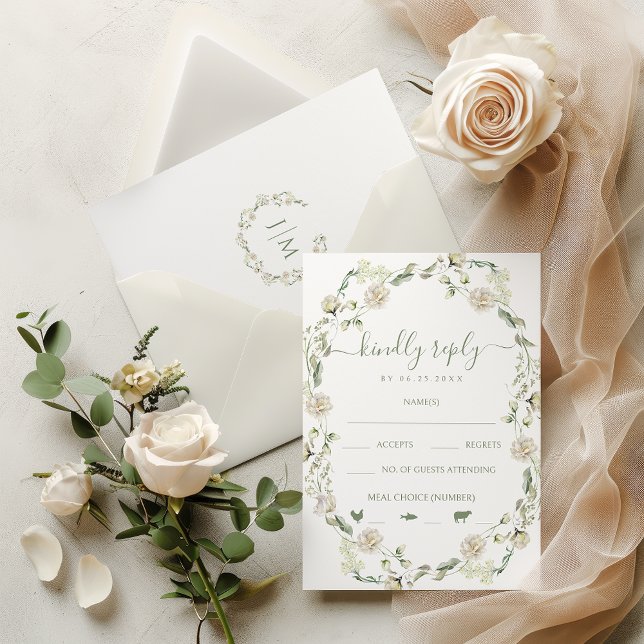 White Peony Flowers Greenery Leaves Wedding RSVP Card (Creator Uploaded)