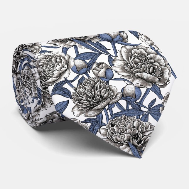 White peony flowers neck tie (Rolled)