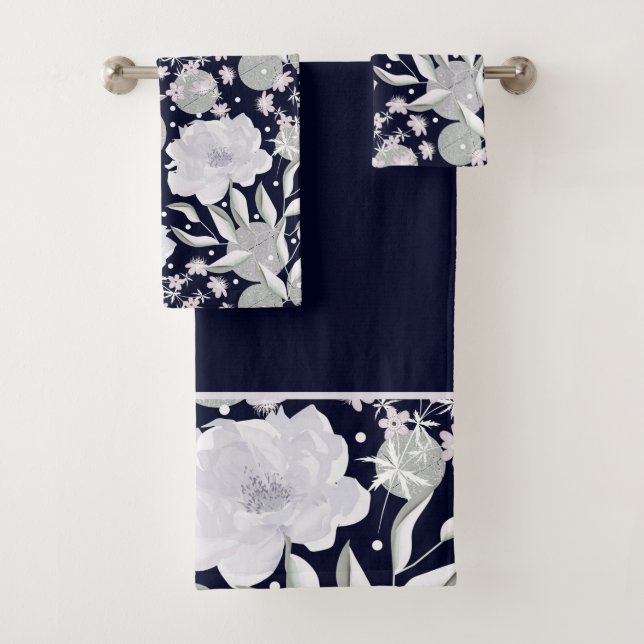 White peony flowers on dark blue. bath towel set (Insitu)