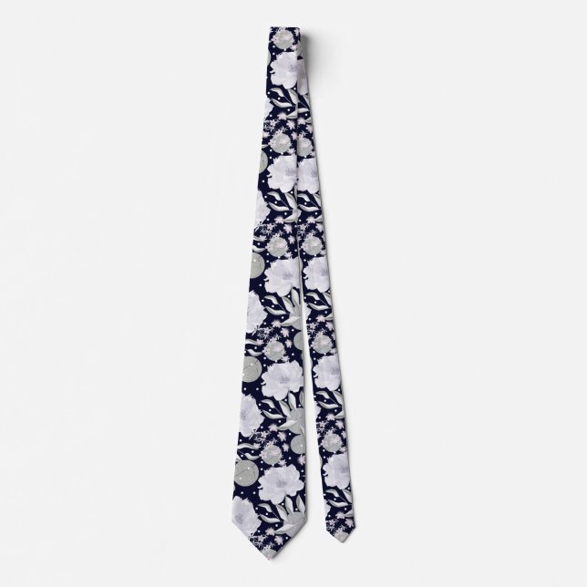White peony flowers on dark blue. neck tie (Front)