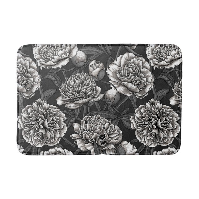 White peony flowers on dark gray bath mat (Front)