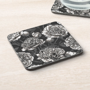 White peony flowers on dark gray beverage coaster