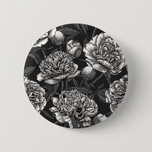 White peony flowers on dark gray button (Front)