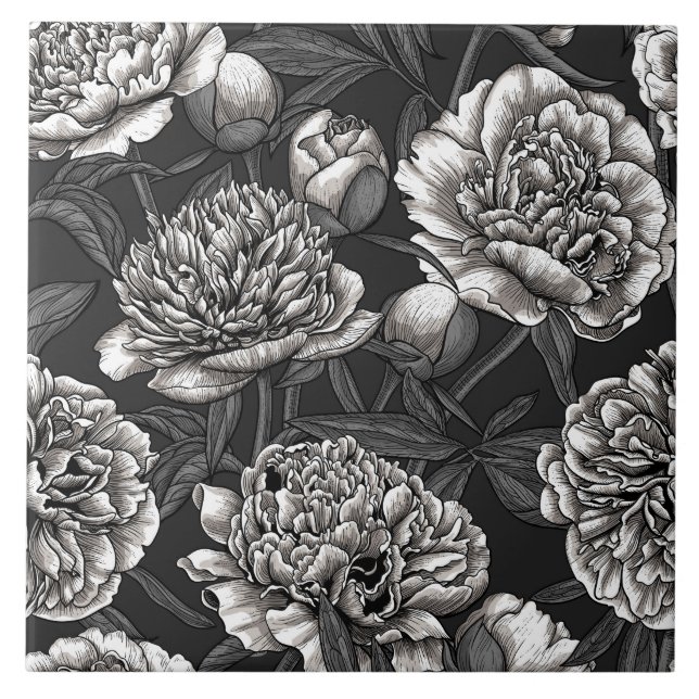 White peony flowers on dark gray ceramic tile (Front)