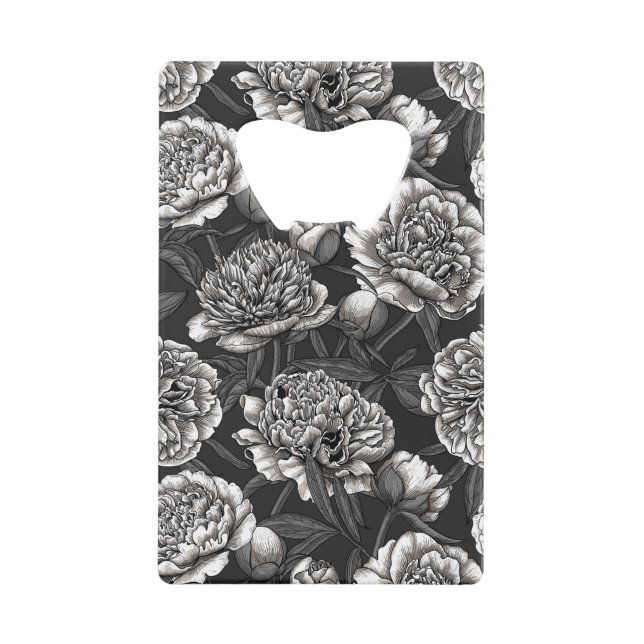 White peony flowers on dark gray credit card bottle opener (Front)