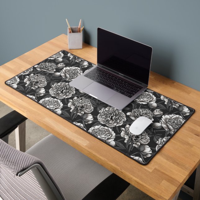 White peony flowers on dark gray desk mat (Office 2)