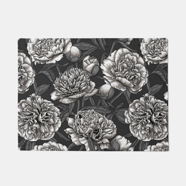 White peony flowers on dark gray doormat (Front)