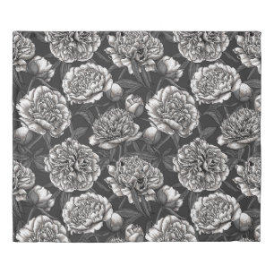 White peony flowers on dark gray duvet cover