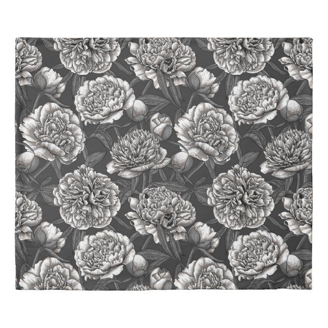 White peony flowers on dark gray duvet cover (Front)