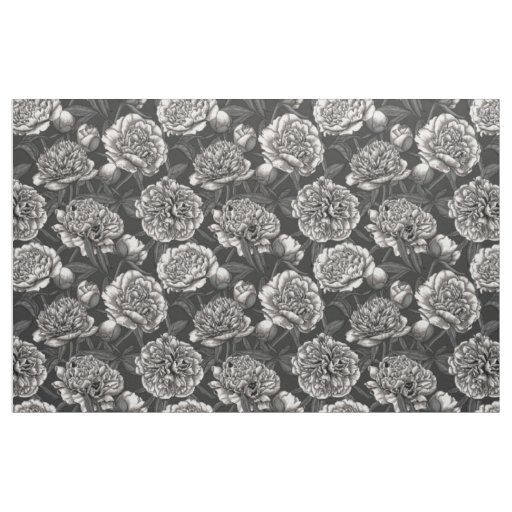 White peony flowers on dark gray fabric