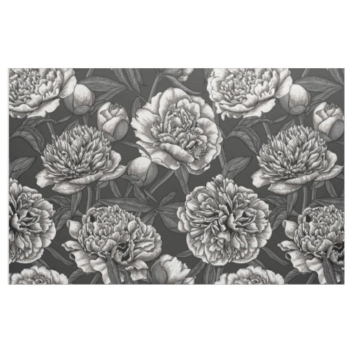 White peony flowers on dark gray fabric
