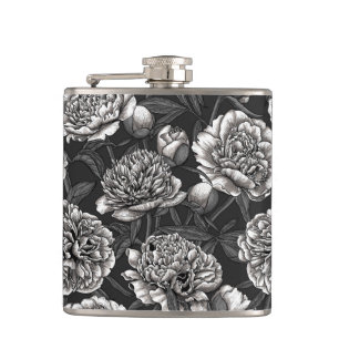 White peony flowers on dark gray flask