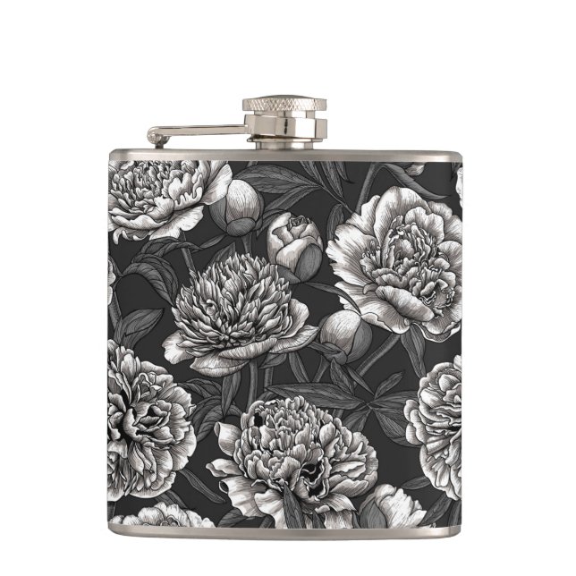 White peony flowers on dark gray flask (Front)