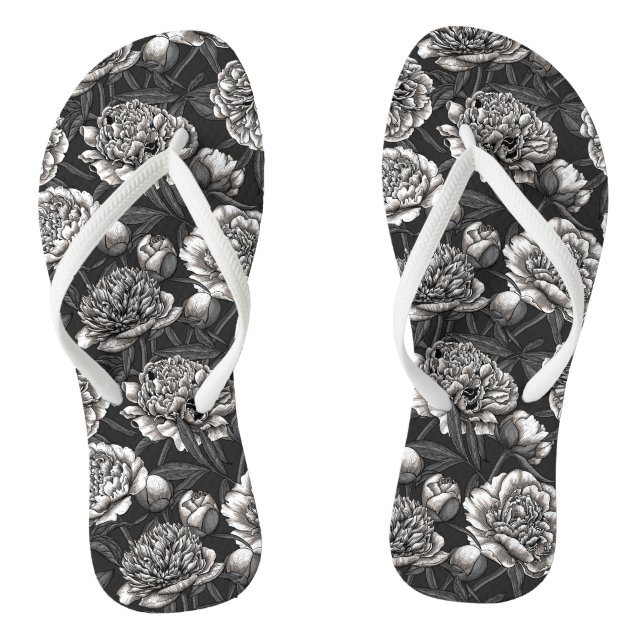 White peony flowers on dark gray flip flops (Footbed)