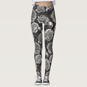 White peony flowers on dark gray leggings