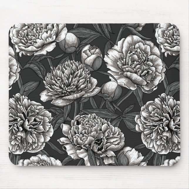 White peony flowers on dark gray mouse pad (Front)