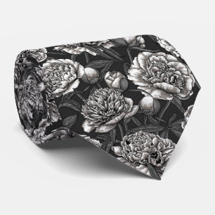 White peony flowers on dark gray neck tie