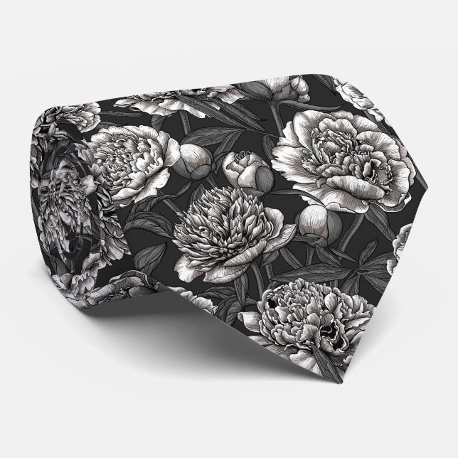 White peony flowers on dark gray neck tie (Rolled)