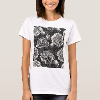 White peony flowers on dark gray T-Shirt