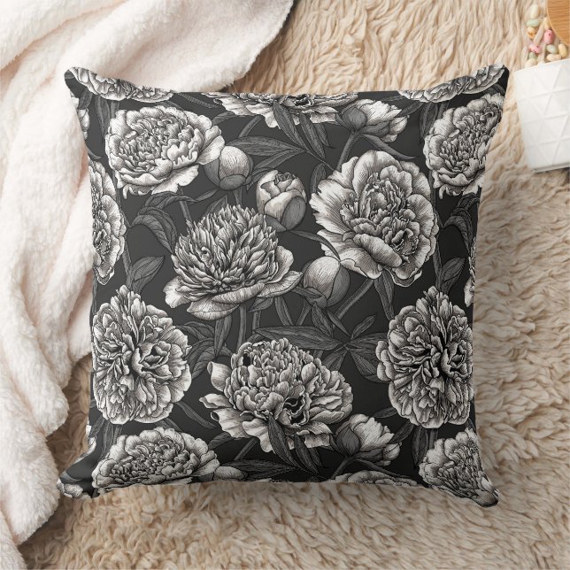 White peony flowers on dark gray throw pillow (Blanket)