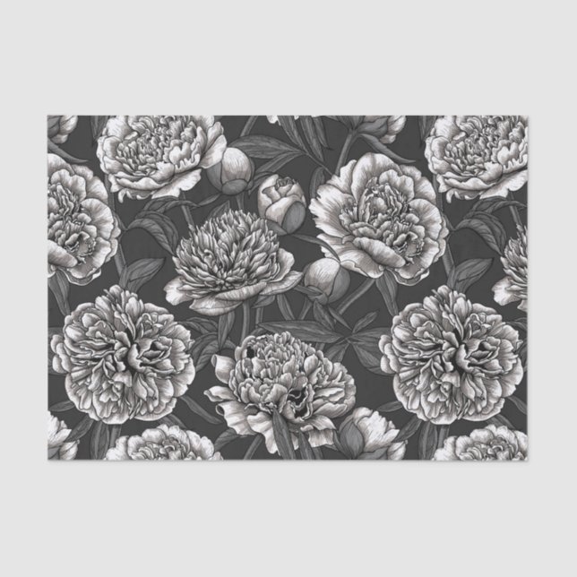 White peony flowers on dark gray tissue paper (Front)