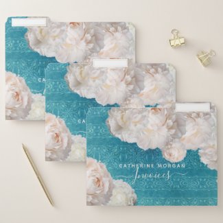 White Peony Flowers On Turquoise Damask Pattern File Folder