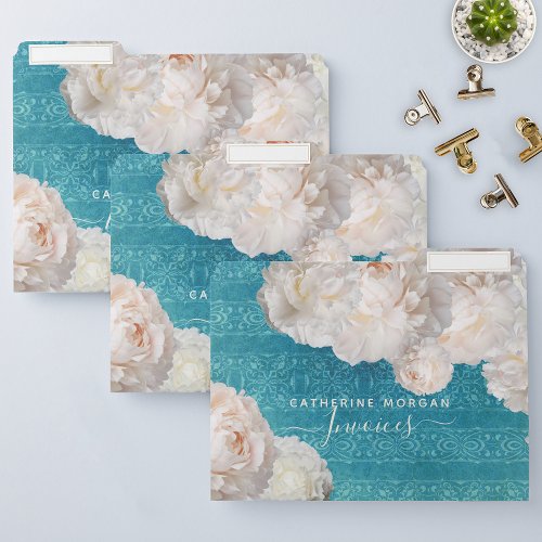 White Peony Flowers On Turquoise Damask Pattern File Folder