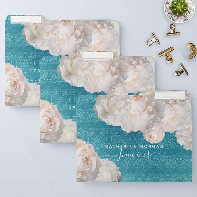 White Peony Flowers On Turquoise Damask Pattern File Folder (Creator Uploaded)