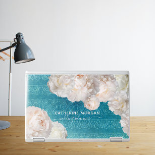White Peony Flowers On Turquoise Damask Pattern HP Laptop Skin