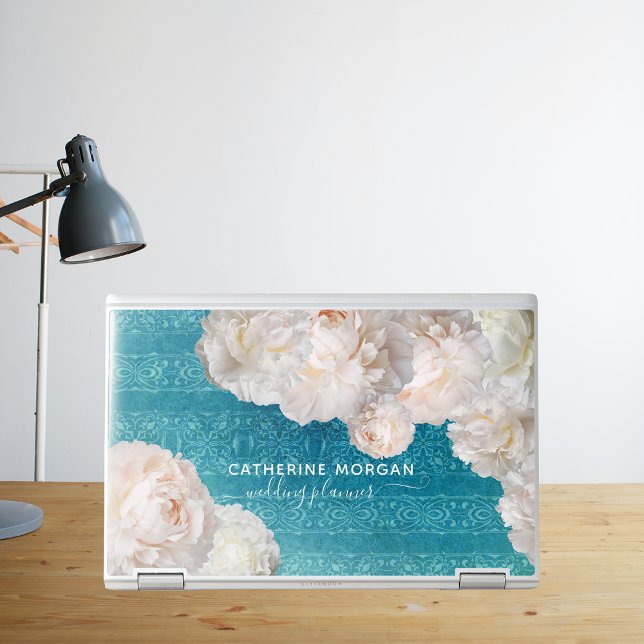 White Peony Flowers On Turquoise Damask Pattern HP Laptop Skin (Creator Uploaded)
