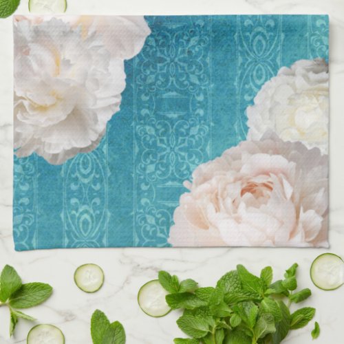 White Peony Flowers On Turquoise Damask Pattern Kitchen Towel