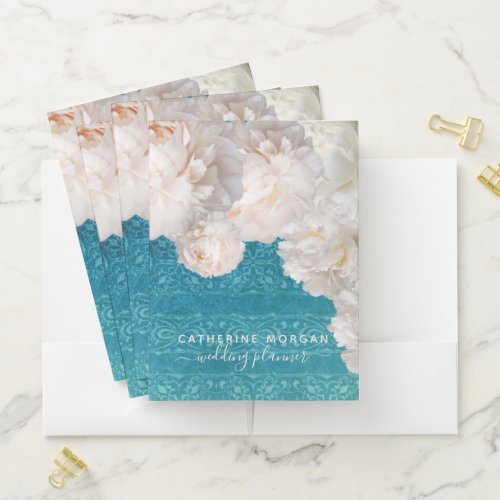 White Peony Flowers On Turquoise Damask Pattern Pocket Folder