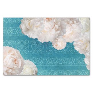 White Peony Flowers On Turquoise Damask Pattern Tissue Paper