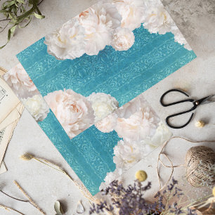 White Peony Flowers On Turquoise Damask Pattern Tissue Paper