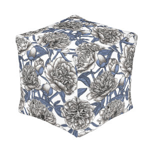 White peony flowers pouf
