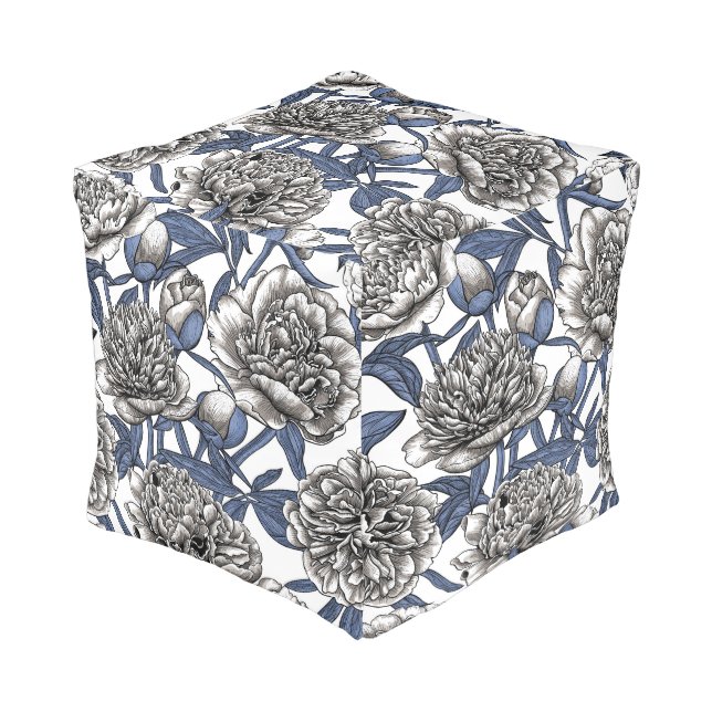 White peony flowers pouf (Angled Front)