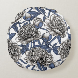 White peony flowers round pillow