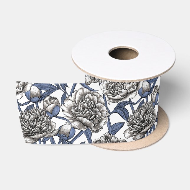 White peony flowers satin ribbon (Spool)