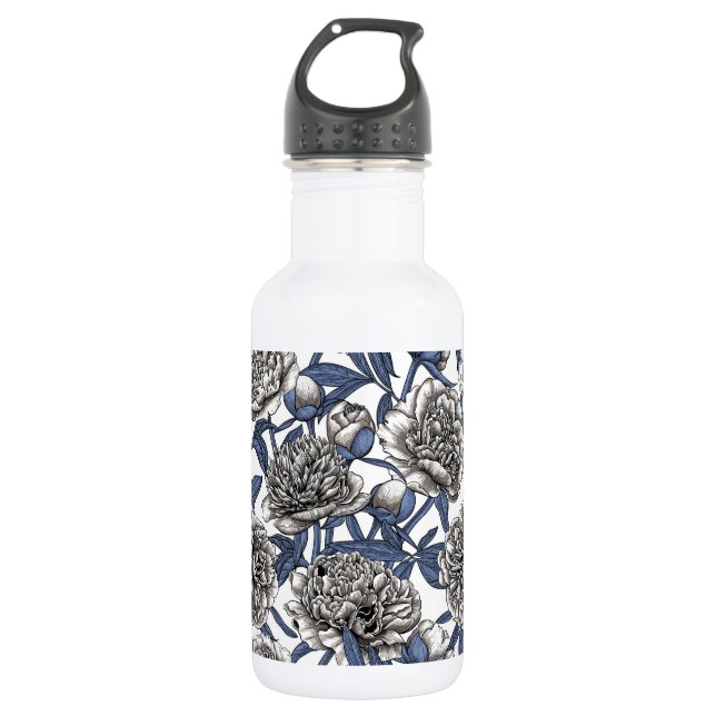 White peony flowers stainless steel water bottle (Front)