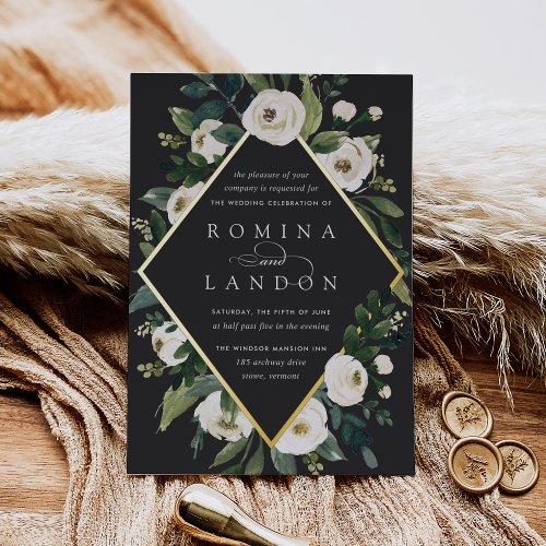 White Peony  Geometric Floral Frame Wedding Foil Invitation