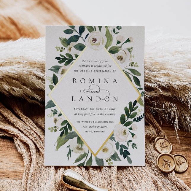 White Peony | Geometric Floral Frame Wedding Foil Invitation (Creator Uploaded)