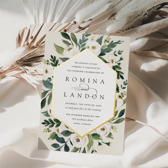 White Peony | Geometric Floral Frame Wedding Foil Invitation (Creator Uploaded)