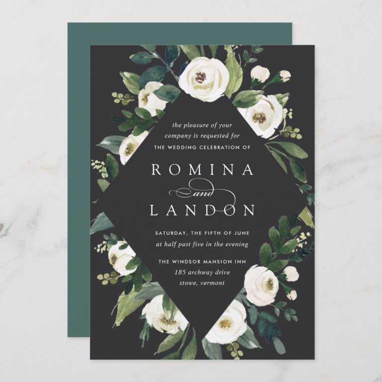 White Peony | Geometric Floral Frame Wedding Invitation