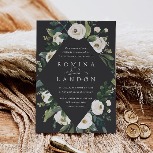 White Peony  Geometric Floral Frame Wedding Invitation