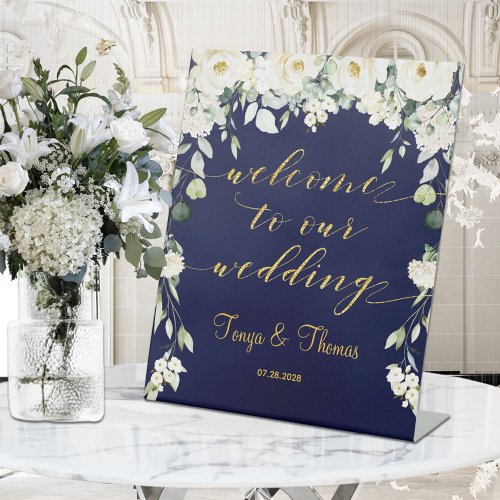 White Peony Gold Calligraphy Navy Welcome Wedding Pedestal Sign