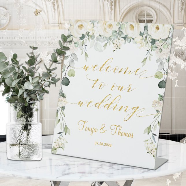 White Peony Gold Calligraphy Welcome To Wedding Pedestal Sign (Creator Uploaded)