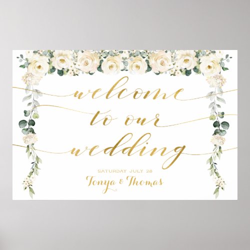 White Peony Gold Calligraphy Welcome To Wedding Poster