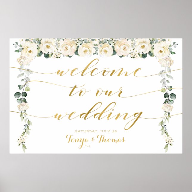 White Peony Gold Calligraphy Welcome To Wedding Poster (Front)